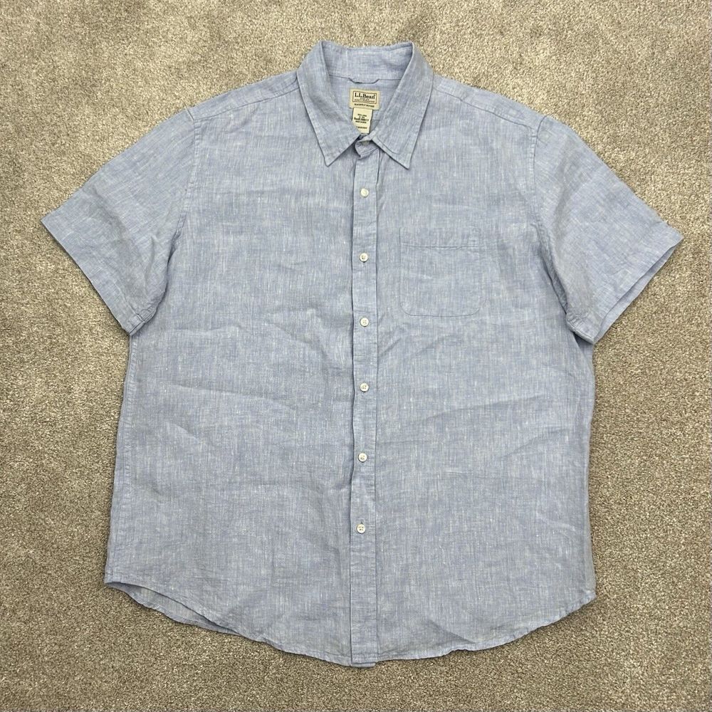 L.L Bean 100%‎ Linen Men's Size XL Blue Slightly Fitted Short Sleeve Shirt - Picture 2 of 8